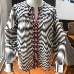 J. Crew Black Striped Embroidered Long Sleeve Tunic Neck Blouse Women Size 2